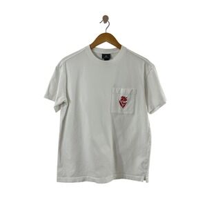 HM Relaxed Fit White 100% Cotton Pocket T-Shirt Red Flower Embroidered Womens XS